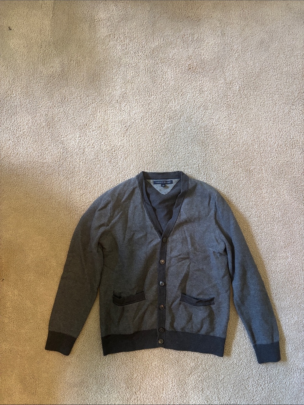 Tommy Hilfiger Gray V-Neck Sweater with Navy Logo Tag